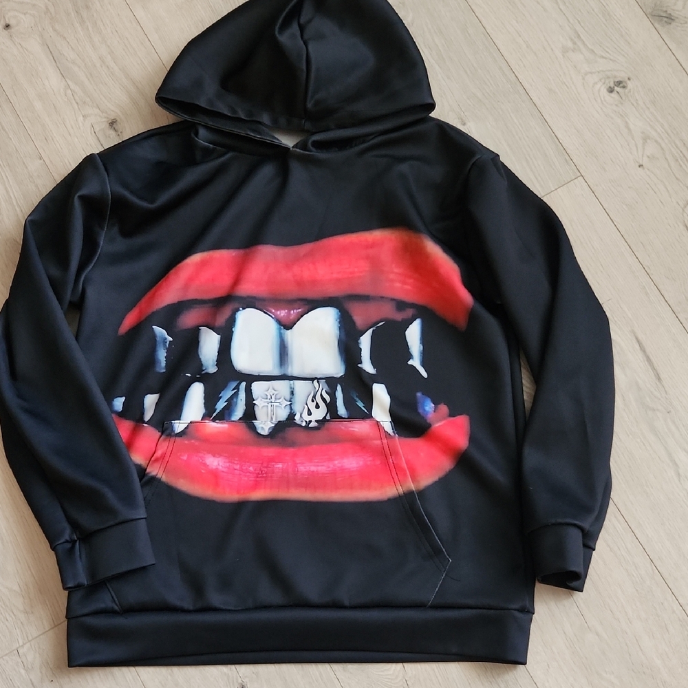 Black Hoodie with Red Lips Graphic